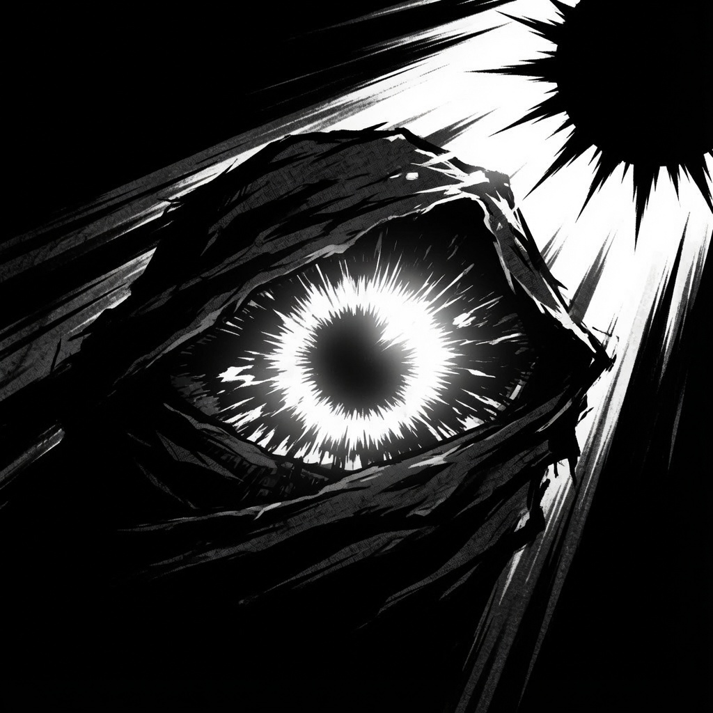 Hide from Sun. A shrouded figure with a single wide eye recoils from a black, spiked sun.