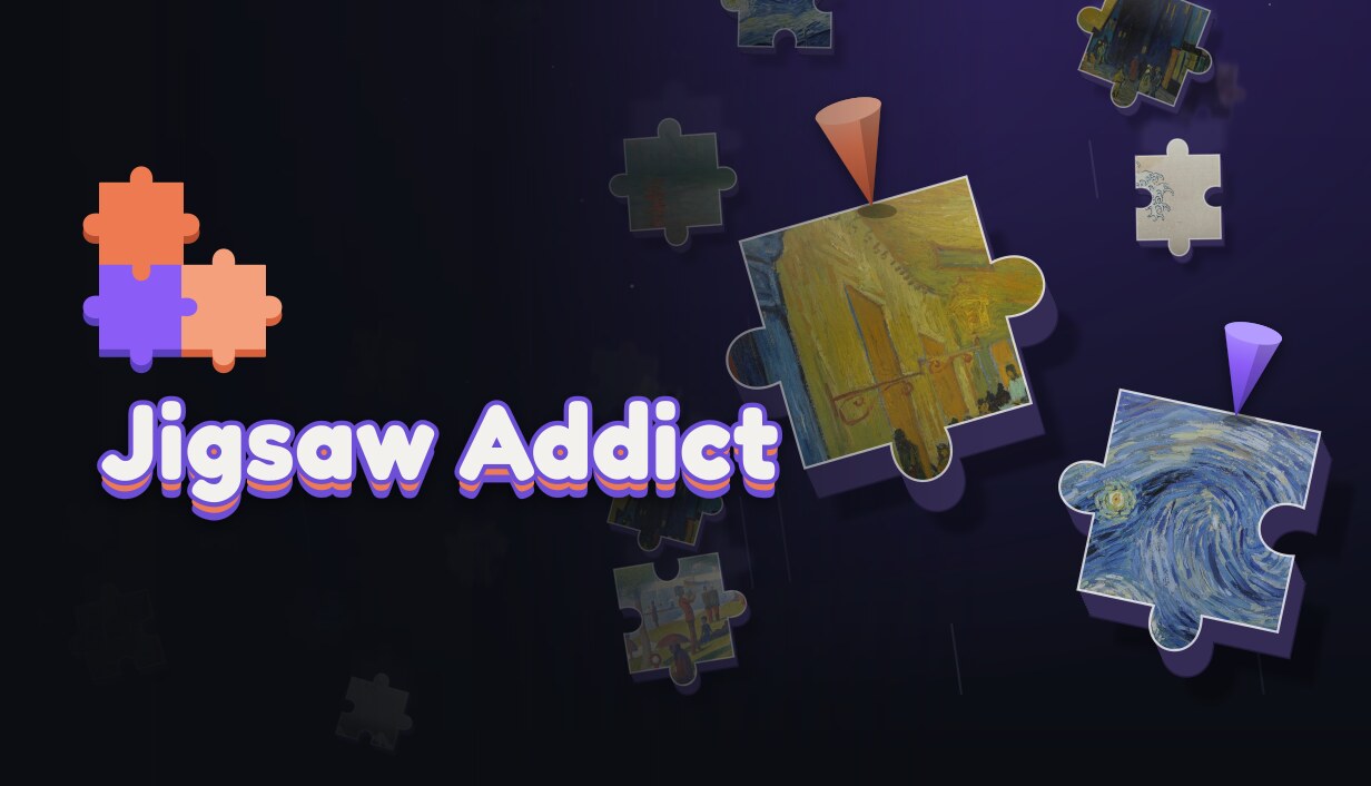 Jigsaw Addict. 3D puzzle pieces of Van Gogh paintings falling through a dark night sky.