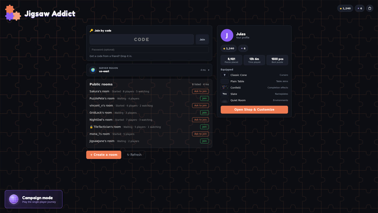 Multiplayer room browser with public rooms and profiles
